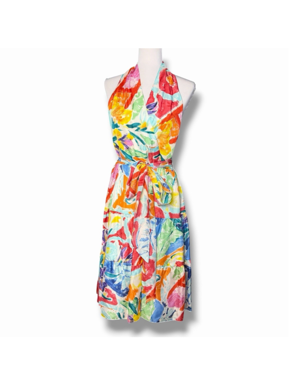 LRL Ralph Lauren 100% Silk Halter Dress 10 Watercolor Floral Midi Tie Waist EUC - Picture 2 of 10
